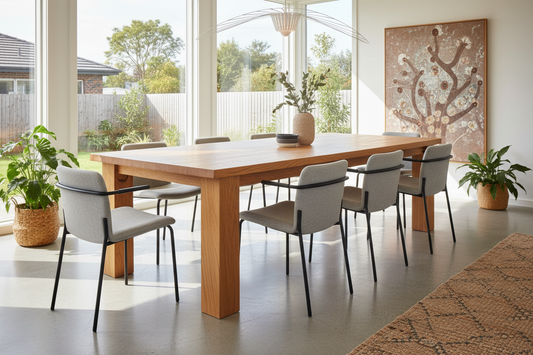 Large wooden dining table, natural oak timber, seats 8 people, rectangular shape, thick solid wood top with visible grain texture, sturdy wooden legs, warm honey oak finish, styled with modern dining chairs, contemporary Australian dining room setting, natural lighting, professional interior photography, elegant and timeless design