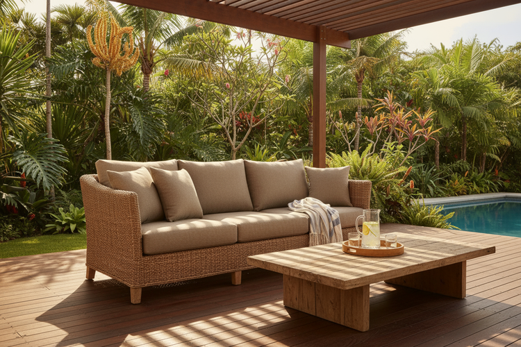 Luxury outdoor reclining sofa, 3-seater, woven wicker or rattan material in natural tones, comfortable cushions in beige or taupe, outdoor patio setting, tropical resort style, under pergola with dappled sunlight, lush greenery background, Australian outdoor living, high-end outdoor furniture, lifestyle photography, warm and inviting