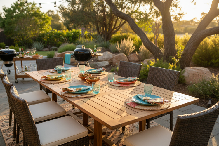 Outdoor wooden dining table, extension design, natural teak or acacia wood, rustic yet refined finish, outdoor patio setting with colourful table settings, woven outdoor dining chairs, bright natural daylight, Australian backyard aesthetic, outdoor entertaining setup, warm wood tones, professional lifestyle photography