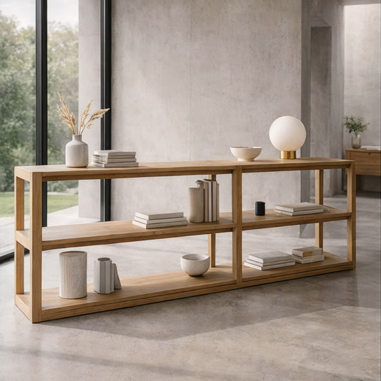 Mila Lowline Bookcase styled with books and ceramics