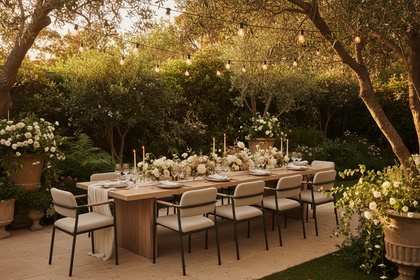 Elegant outdoor event styling, modern natural wood dining table with neutral cushioned chairs set up for garden party, warm string lights overhead, lush greenery and plants in background, golden hour warm lighting, sophisticated Australian outdoor entertaining, warm neutral color palette (beige, natural wood, cream cushions), editorial event photography style, inviting and luxurious atmosphere, professional event setup, 16:9 aspect ratio, magazine quality