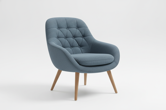 Modern upholstered lounge chair, mid-century style, blue-grey fabric with button tufting, wooden tapered legs in natural oak, clean white background, product photography, studio lighting, isolated furniture piece, front three-quarter view, elegant and comfortable design, contemporary Australian furniture, professional product shot