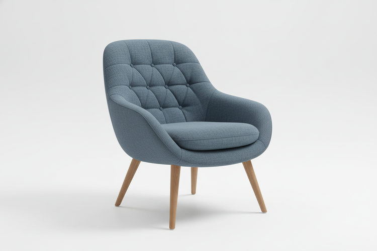 Modern upholstered lounge chair, mid-century style, blue-grey fabric with button tufting, wooden tapered legs in natural oak, clean white background, product photography, studio lighting, isolated furniture piece, front three-quarter view, elegant and comfortable design, contemporary Australian furniture, professional product shot